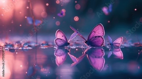 a couple of purple butterflies floating on top of a body of water next to a purple and blue background with drops of water. photo