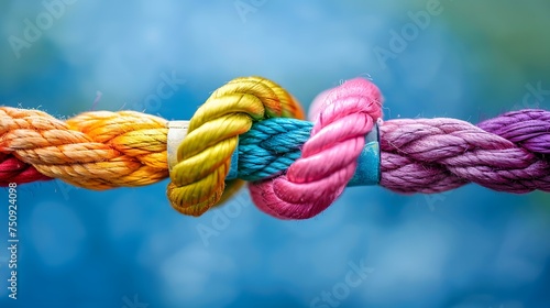 Team rope diverse strength connect partnership together teamwork unity communicate support. Strong diverse network rope team concept integrate braid color background cooperation empower power.Team rop