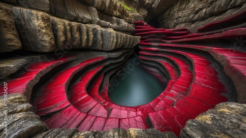 a view of a red and black rock formation with a pool of water in the center of the rock formation. photo