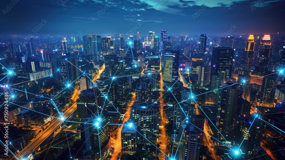 futuristic cityscape with glowing network connections at night