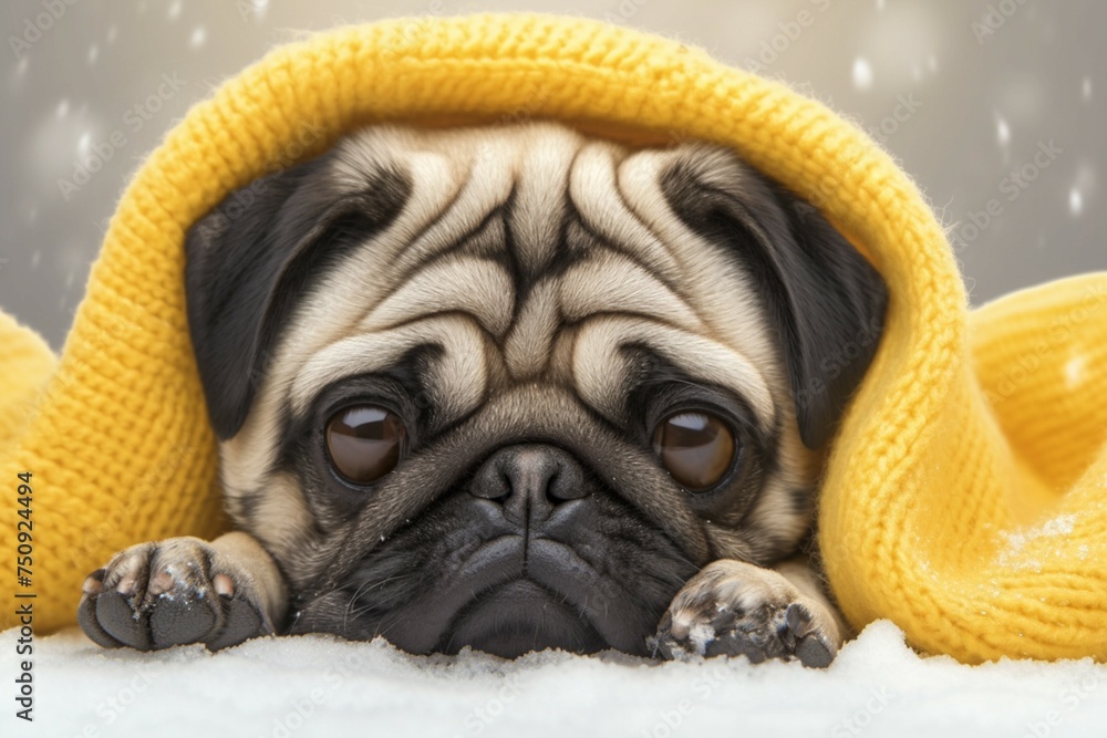 Winter warmth Pug dog cozily rests under a yellow blanket