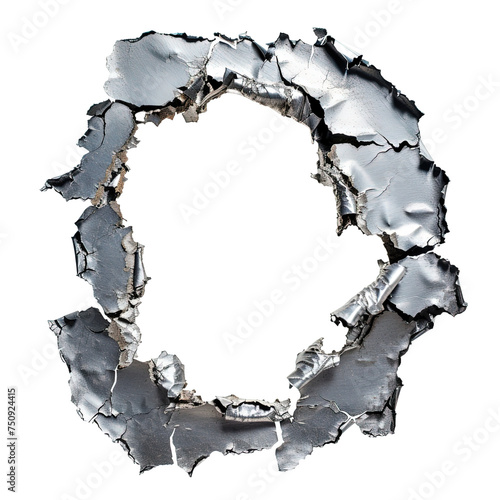 Ragged Hole torn in ripped steel metal on white or transparent background