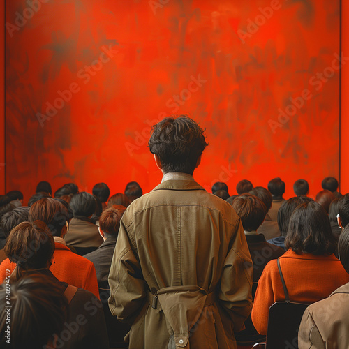 People looking at the red curtain