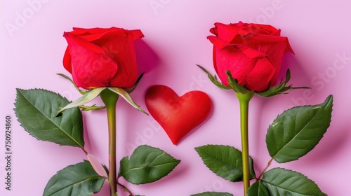 a couple of red roses sitting next to each other with a heart shaped object in the middle of the petals.