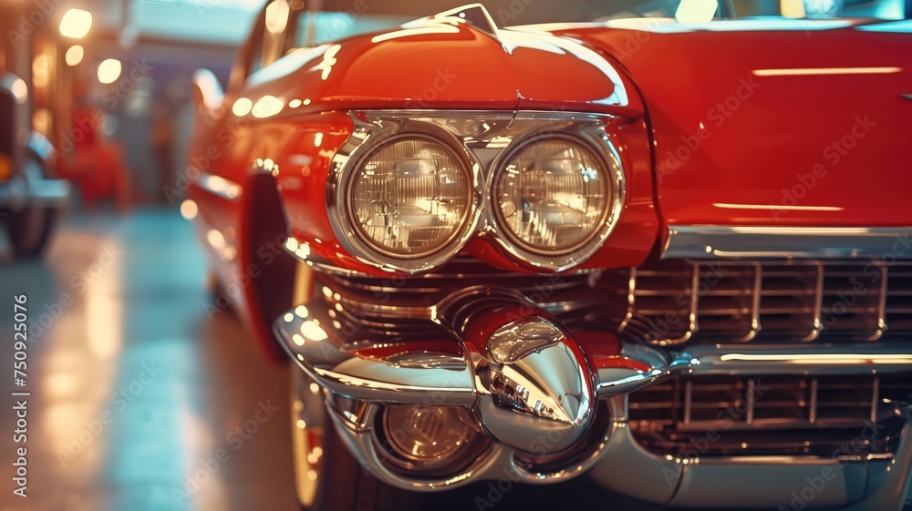 Fototapeta premium Vintage red car front view with shining chrome details and headlights
