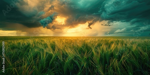 A vast field of agriculture plants stretches out under a sky filled with dark and heavy clouds