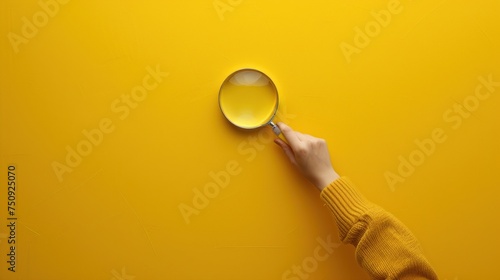a person holding a magnifying glass over a yellow surface with a hand on the side of the magnifying glass.