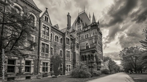 Sepia-toned view of an ornate gothic university building against a dramatic sky