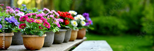 Colorful flowers in pots on wooden table in garden for sale in spring summer season. Selective focus.