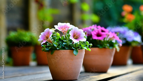 Colorful flowers in pots on wooden table in garden for sale in spring summer season. Selective focus.