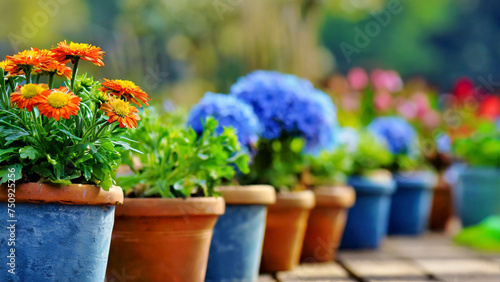 Colorful flowers in pots on wooden table in garden for sale in spring summer ...