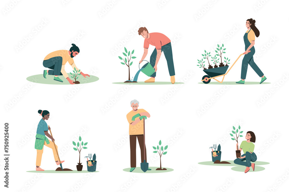 Set of people of different ages planting trees, seedlings. Environmental care and volunteerism concept, spring gardening. Flat cartoon vector illustration isolated on white background