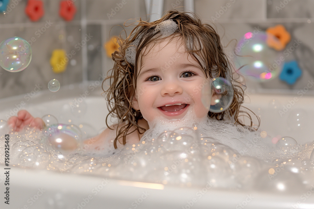 A little cheerful curly girl washes herself in a large basin with toys, a lot of foam and bubbles. A little cheerful curly girl washes herself in a large basin with toys, a lot of foam and bubbles.