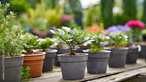 Variety of ornamental plants in pots on a wooden table.