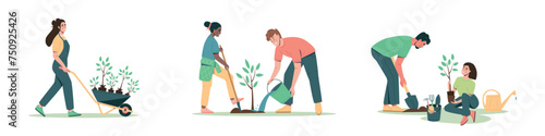 Set of people of different ages planting trees, seedings. Environmental care and volunteerism concept, spring gardening. Flat cartoon vector illustration isolated on white background