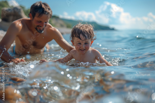 Playful father and son having fun in the sea