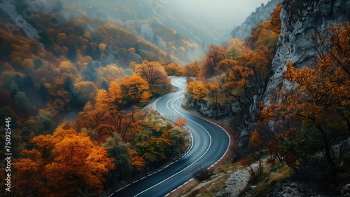 Scenic curvy road through an autumn forest with vibrant fall colors