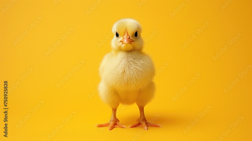 a close up of a small chicken on a yellow background with a blurry image of it's head. a close up of a small chicken on a yellow background with a blurry image of it's head.