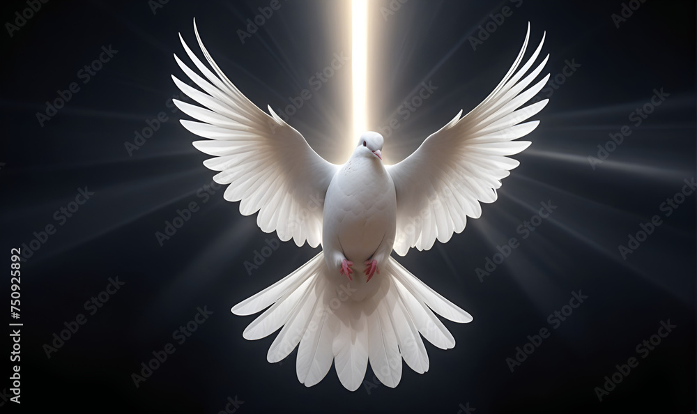 Fototapeta premium A white dove on a dark background and rays of light in the background