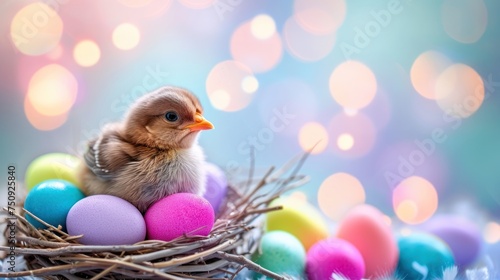 a small bird sitting on top of a nest with colored eggs in front of a boke of blurry lights. photo