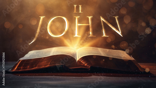 Book of 2 John. Open bible revealing the name of the book of the bible in a epic cinematic presentation. Ideal for slideshows, bible study, banners, landing pages, religious cults and more.