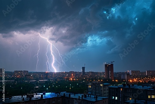Electric drama Thunderstorm with lightning bolt strike over the city