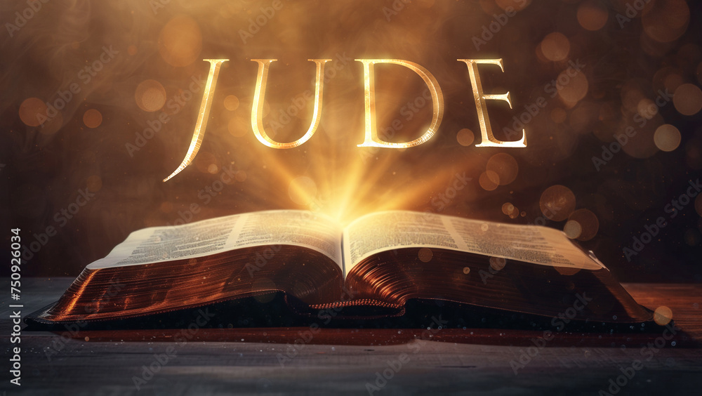 Fototapeta premium Book of Jude. Open bible revealing the name of the book of the bible in a epic cinematic presentation. Ideal for slideshows, bible study, banners, landing pages, religious cults and more.