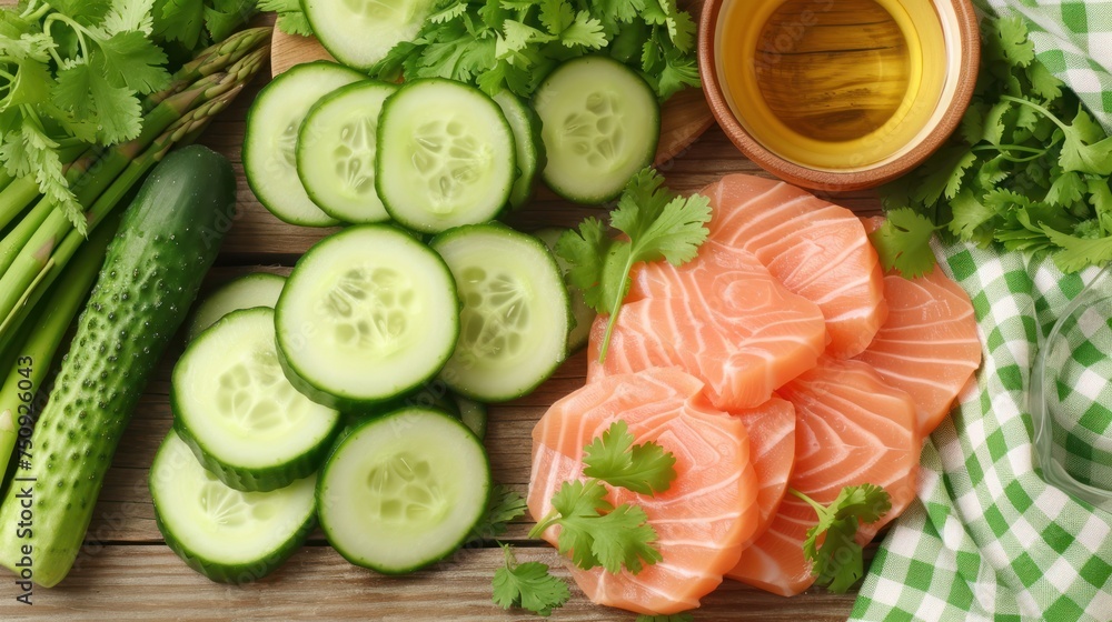 a cutting board with cucumbers, celery, fish, and a jar of oil on it. a cutting board with cucumbers, celery, fish, and a jar of oil on it.