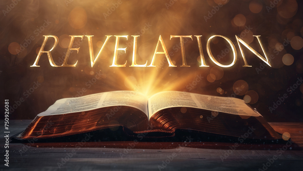 Fototapeta premium Book of Revelation. Open bible revealing the name of the book of the bible in a epic cinematic presentation. Ideal for slideshows, bible study, banners, landing pages, religious cults and more.