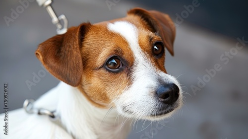a close up of a brown and white dog with a chain around it's neck looking at the camera.