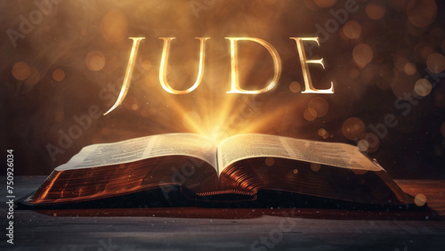Book of Jude. Open bible revealing the name of the book of the bible in a epic cinematic presentation. Ideal for slideshows, bible study, banners, landing pages, religious cults and more.