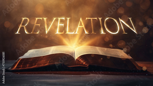 Book of Revelation. Open bible revealing the name of the book of the bible in a epic cinematic presentation. Ideal for slideshows, bible study, banners, landing pages, religious cults and more. © ana