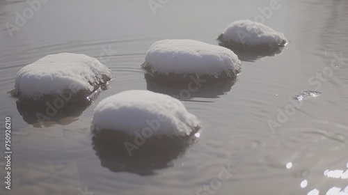 a group of snow balls floating on top of a lake next to snow covered rocks in the middle of a body of water. photo