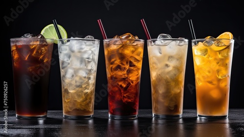Glasses with Soft Drinks and Ice Cubes on Dark Background