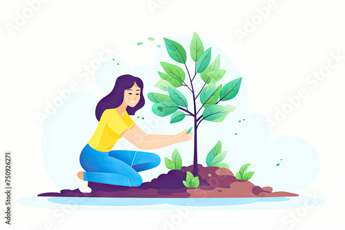 Happy woman plant a tree in flat style cartoon