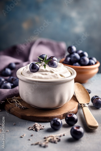 Bowl of yogurt with fresh blueberries on a wooden board.