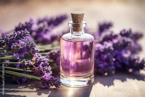 Bottle of cosmetic essential oil. Lavender herb  aromatherapy