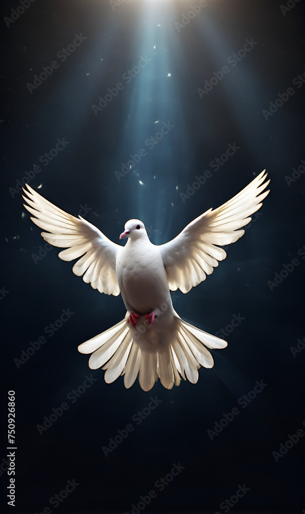 Fototapeta premium A white dove on a dark background and rays of light in the background