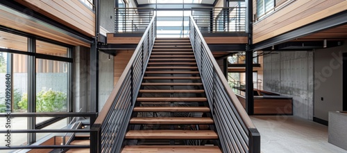 a modern staircase with wood and black railings Generative AI