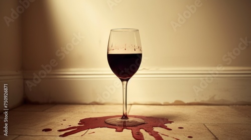 a glass of wine sitting on a floor with a stain of red wine on the floor and a wall in the background. photo