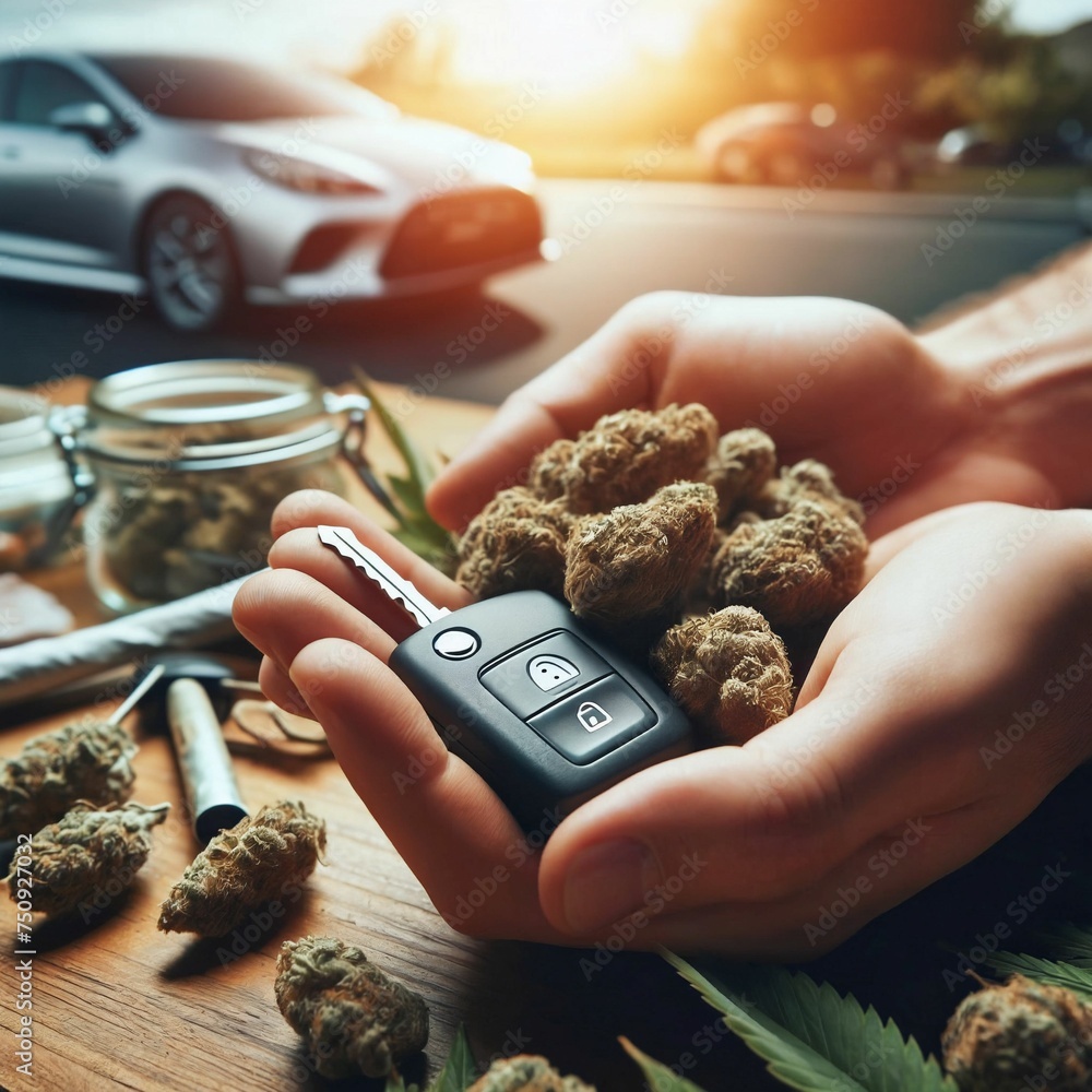 Car keys and cannabis. Strictly separate driving and smoking marijuana. Legal regulation. Driving license regulation. Weed. Don’t drive high. Observe limit value and abstinence breaks. Generative AI - obrazy, fototapety, plakaty 