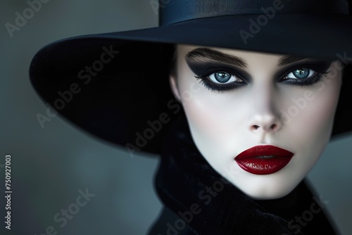 Wallpaper Mural Closeup portrait of beautiful fashion woman with black hat and red lips. A close-up portrait of the super-spy in disguise, showcasing impeccable makeup and wardrobe transformation.  Torontodigital.ca