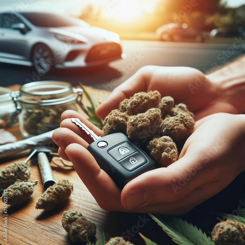 Car keys and cannabis. Strictly separate driving and smoking marijuana. Legal regulation. Driving license regulation. Weed. Don’t drive high. Observe limit value and abstinence breaks. Generative AI