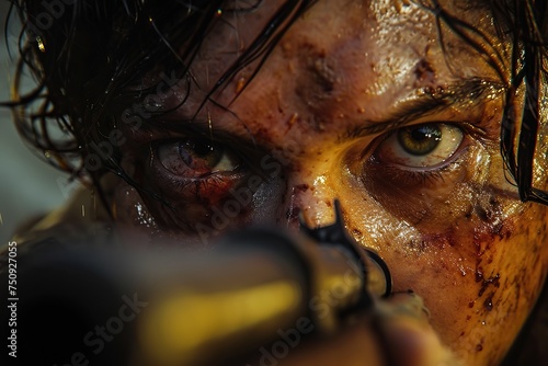 Portrait of a girl with blood on her face holding a gun. Portrait of a girl with blood on her face holding a gunA close-up shot capturing the intensity in the eyes of a young survivor. photo