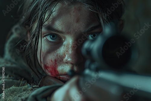 Portrait of a girl with blood on her face holding a gun. Portrait of a girl with blood on her face holding a gunA close-up shot capturing the intensity in the eyes of a young survivor. photo