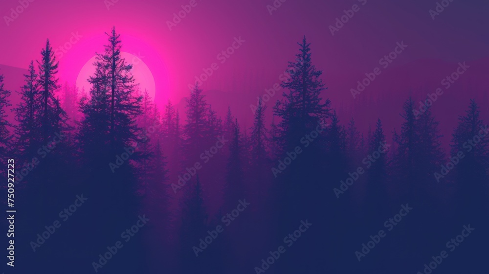the sun is setting in a pink sky over a forest of pine trees in the foreground is a silhouette of a pink and purple sky. the sun is setting in a pink sky over a forest of pine trees in the foreground is a silhouette of a pink and purple sky.