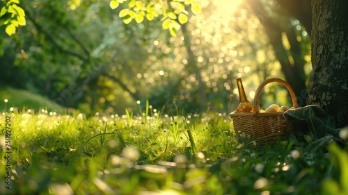 Picnic basket under a tree with golden sunlight filtering through © Artyom