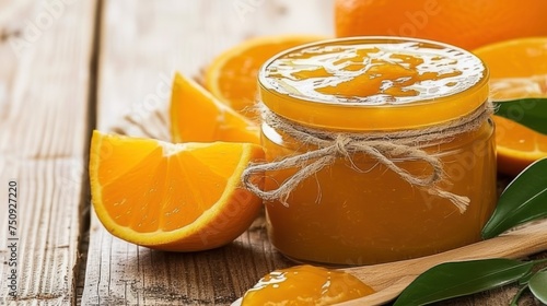 a jar of orange marmalade sitting on top of a wooden table next to sliced oranges and a wooden spoon. photo