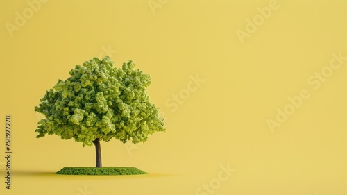 Vivid green tree on a bright yellow background symbolizing nature and vitality