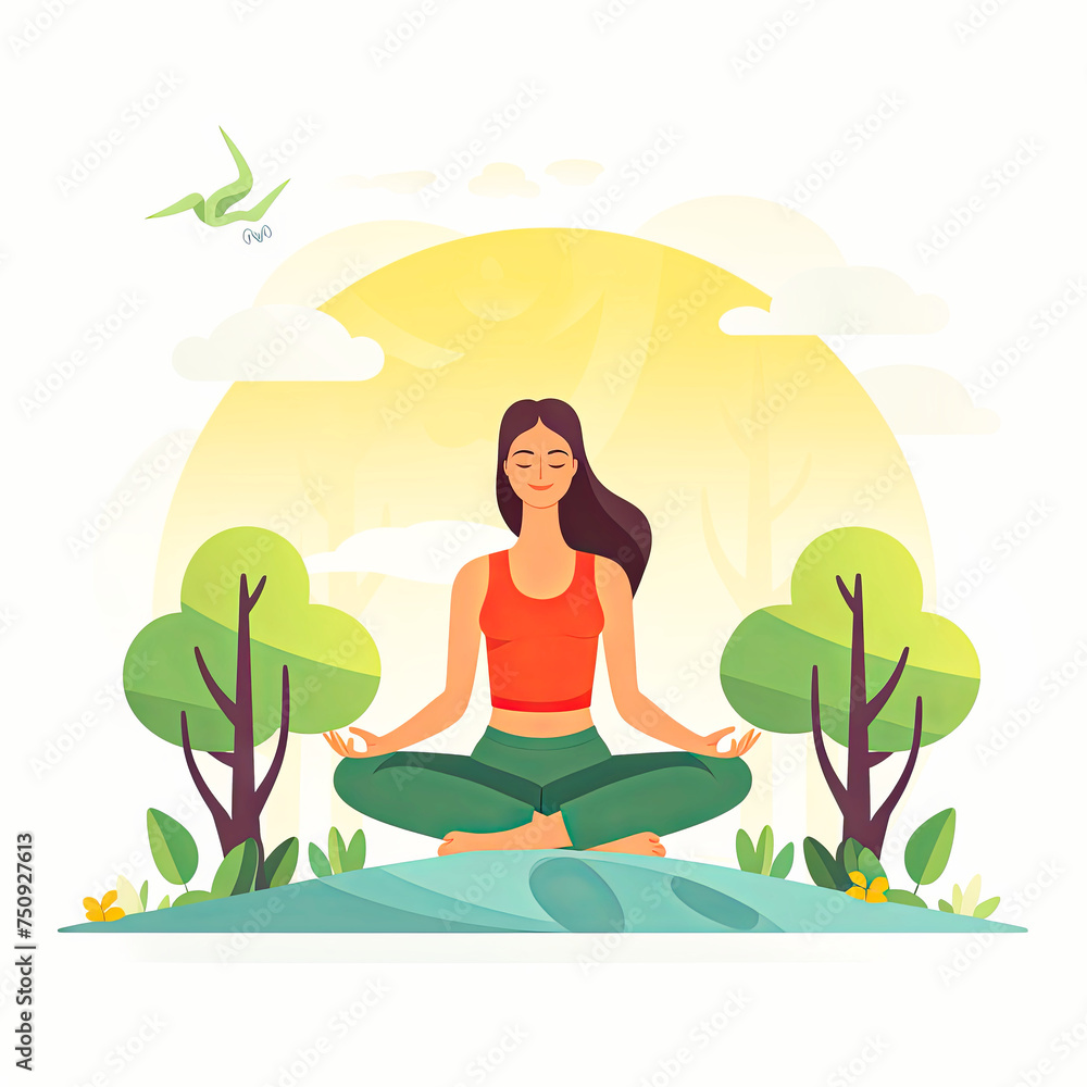Happy woman yoga in park in flat style